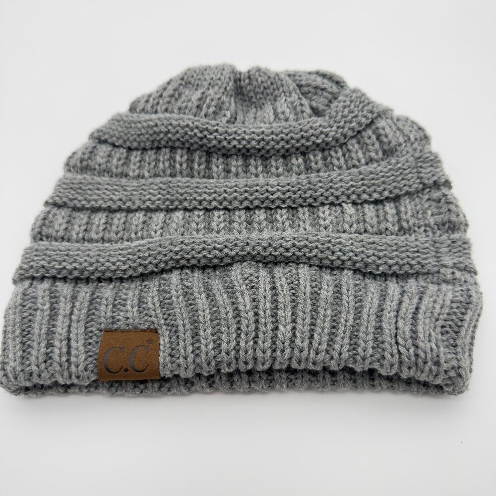 CC Brand  Lite Heather Gray Knit Beanie Chunky Ribbed Acrylic Slouch Hat